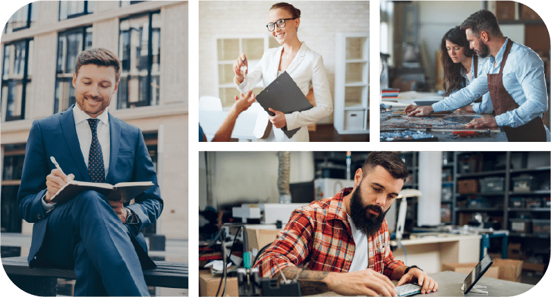 Collage of four office workers meeting, reviewing documents, and typing at desks in a bright modern office