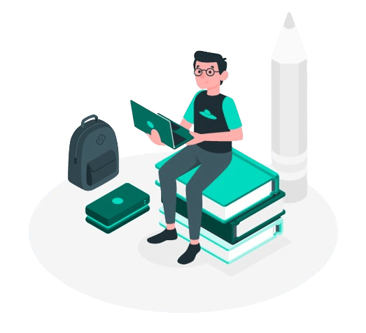 Student sitting on stacked books with laptop, backpack, and pencil illustration