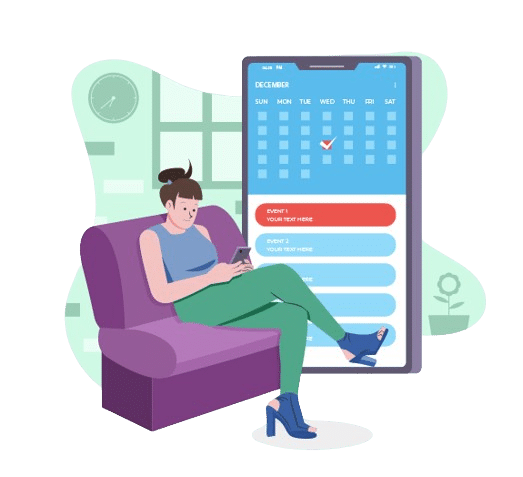 Person sitting on a purple chair and using a phone beside a large calendar app on a screen