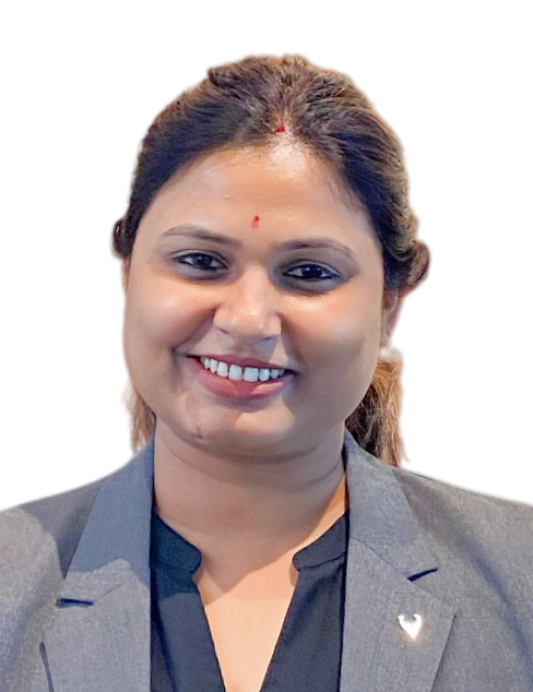 Smiling woman in a gray blazer against a white background.