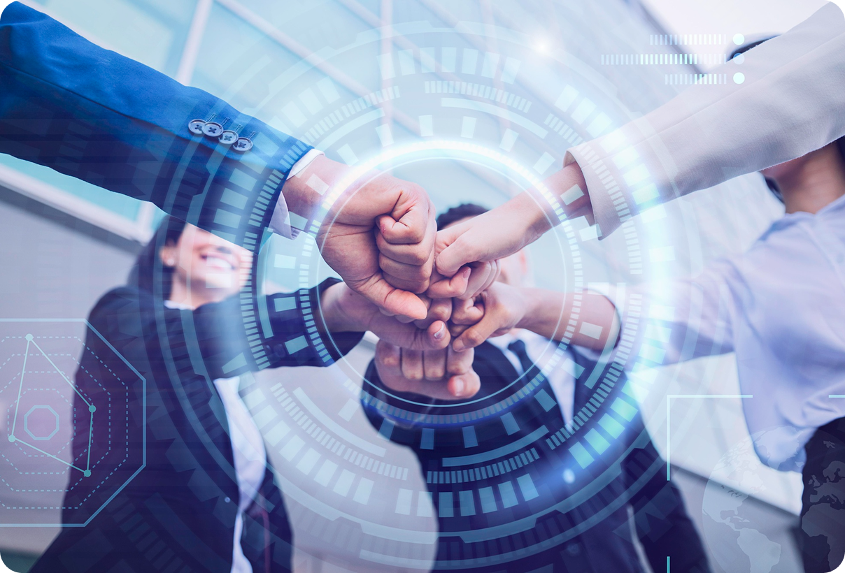 Healthcare team stacking hands in a circle, overlaid with blue digital interface graphics