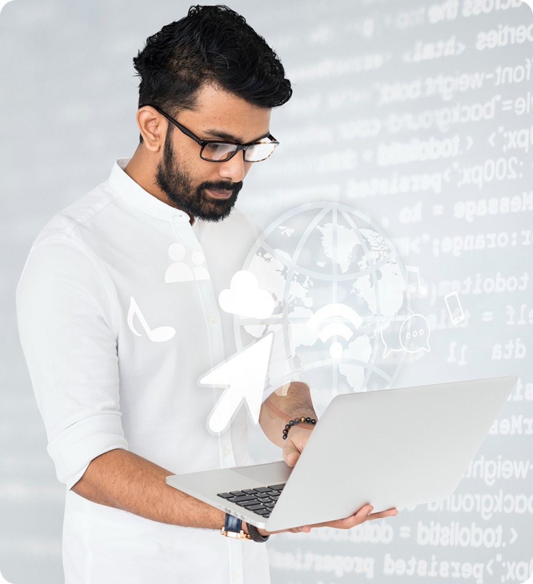 Man in white shirt using a laptop, with digital cloud icons in the background