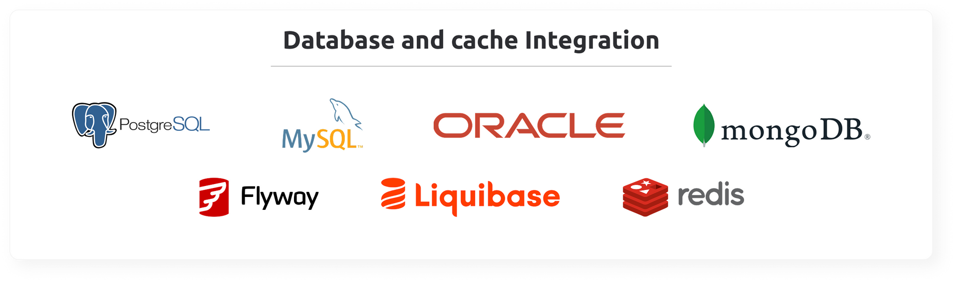 Database and cache integration logos: PostgreSQL, MySQL, Oracle, MongoDB, Flyway, Liquibase, and Redis