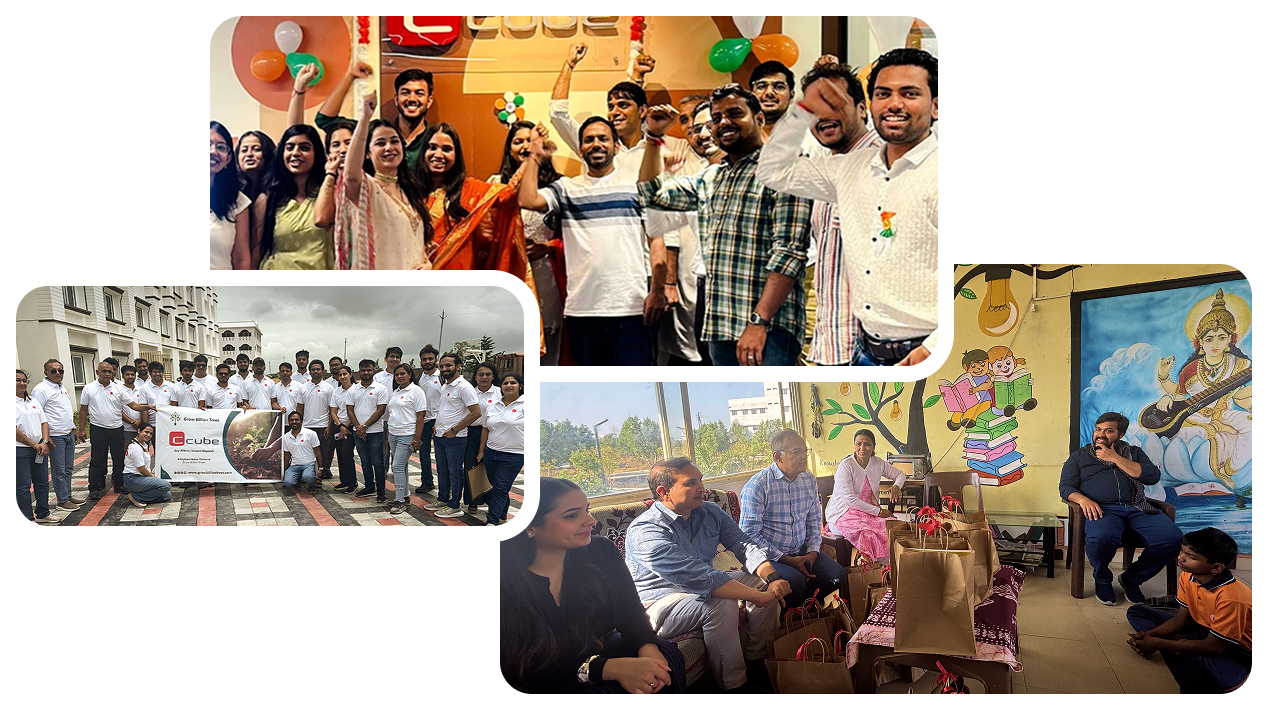 Collage of three group photos at a celebration, with people posing indoors and smiling around decorated tables.