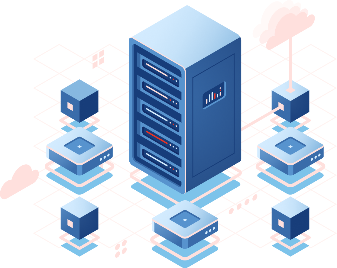 Blue server rack with connected network nodes on a white background
