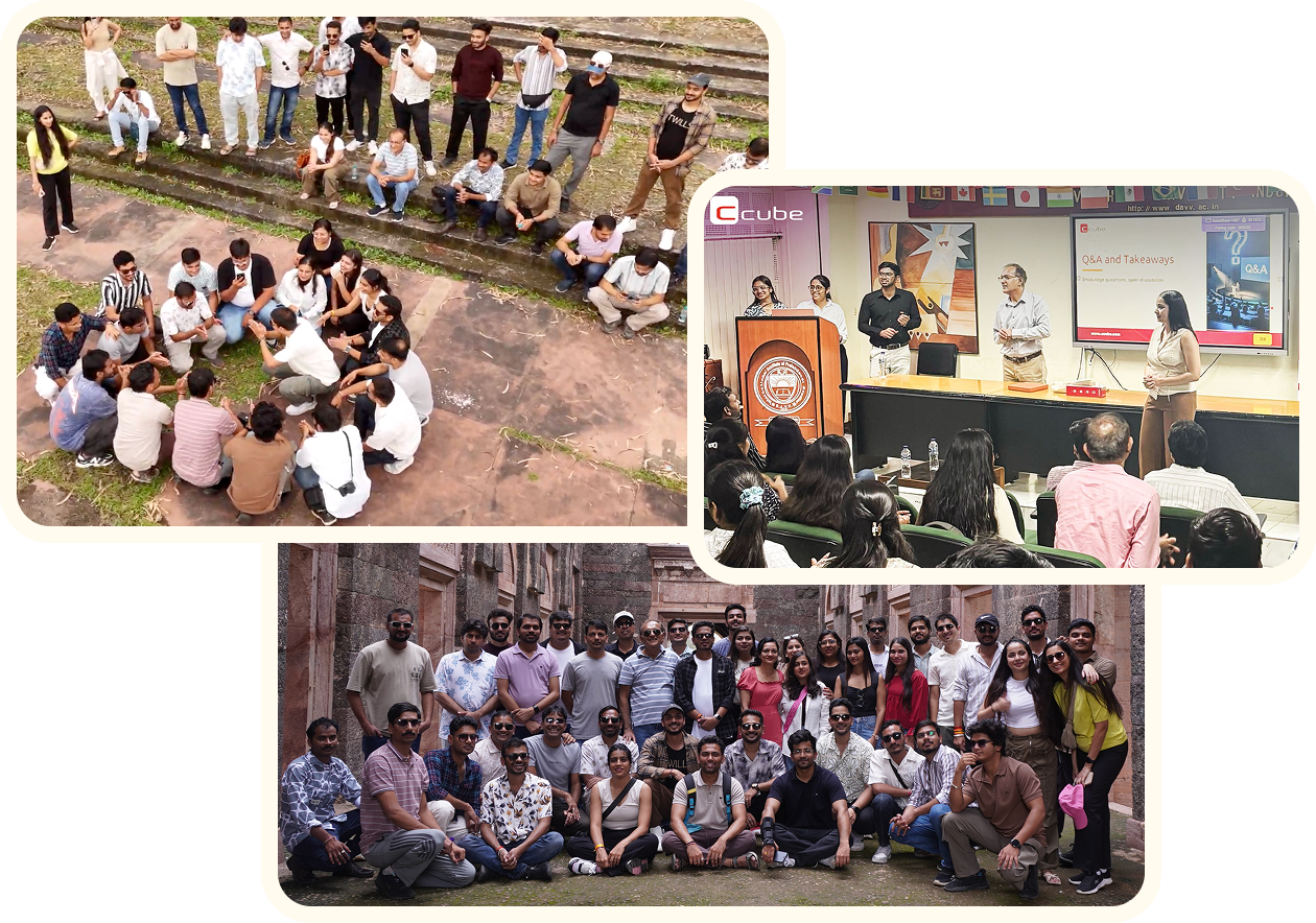 Collage of large group gatherings indoors and outdoors, with seated discussions and a presentation screen