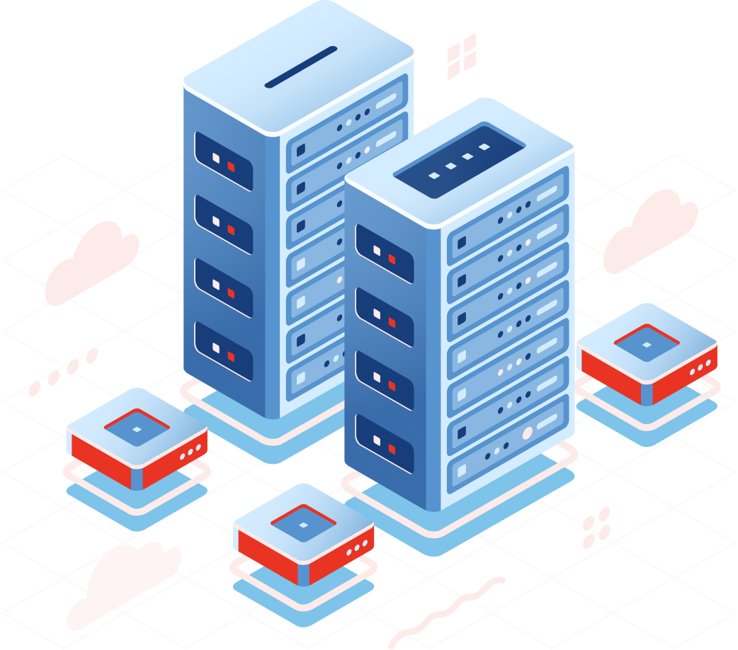 Isometric blue server racks with small red-and-blue network nodes around them
