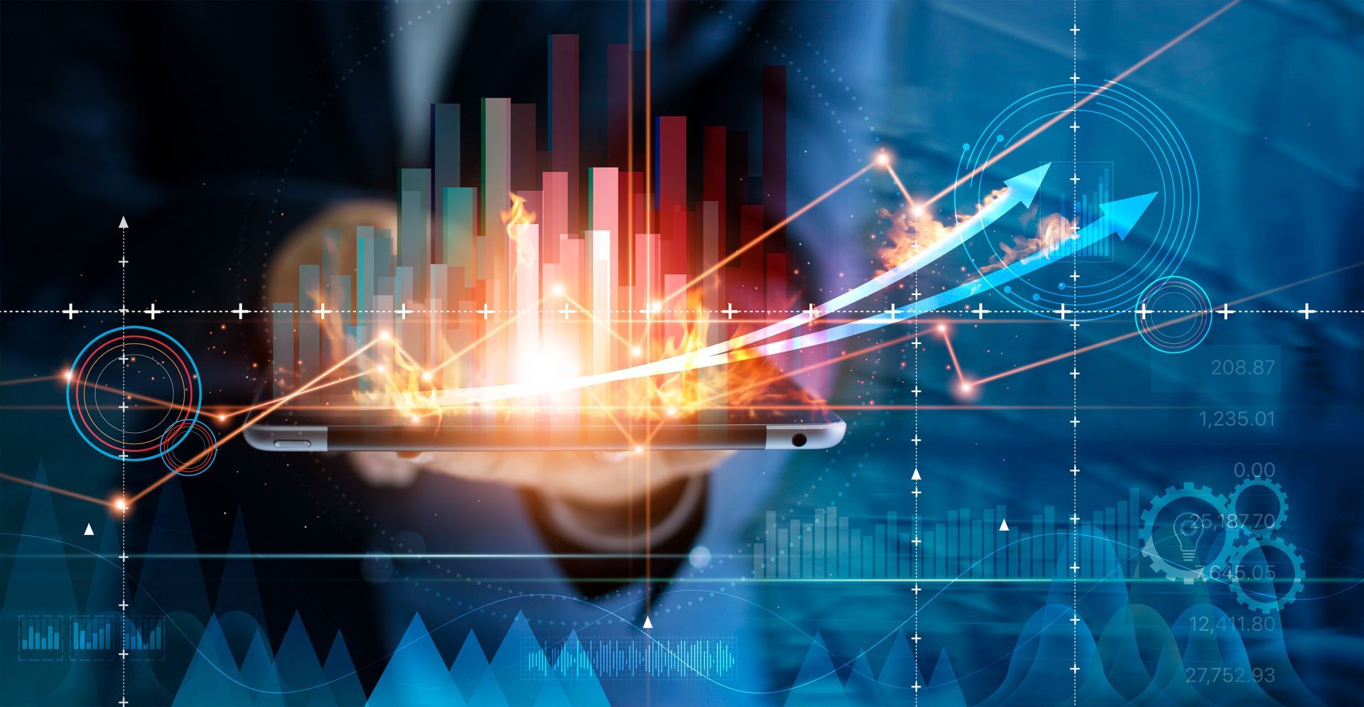 Glowing orange and blue digital chart with rising bars and data lines on a dark tech background