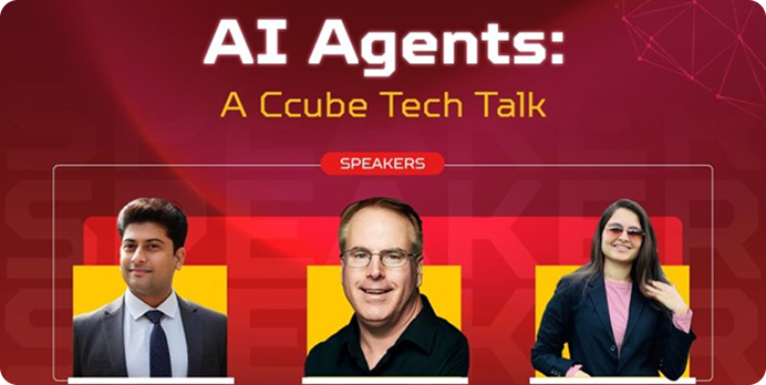AI Agents: A Cube Tech Talk poster with three speakers on a red background