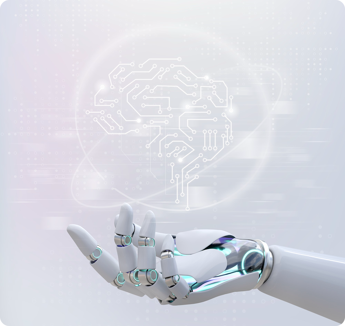 Robotic hand reaching toward a glowing digital brain graphic on a soft white background