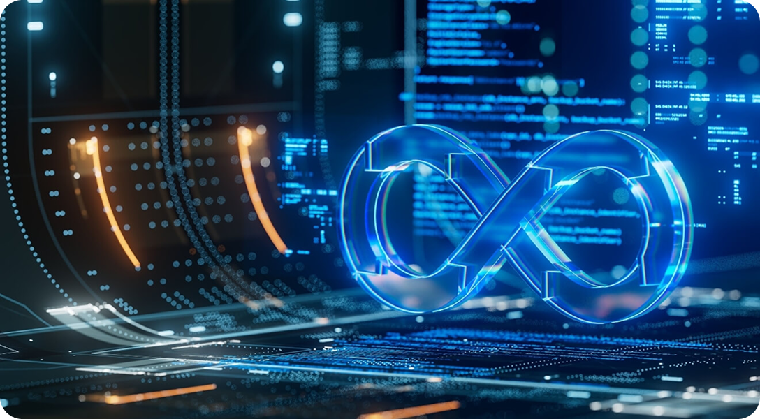 Glowing blue infinity symbol in a futuristic digital interface with data panels and circuit-like graphics
