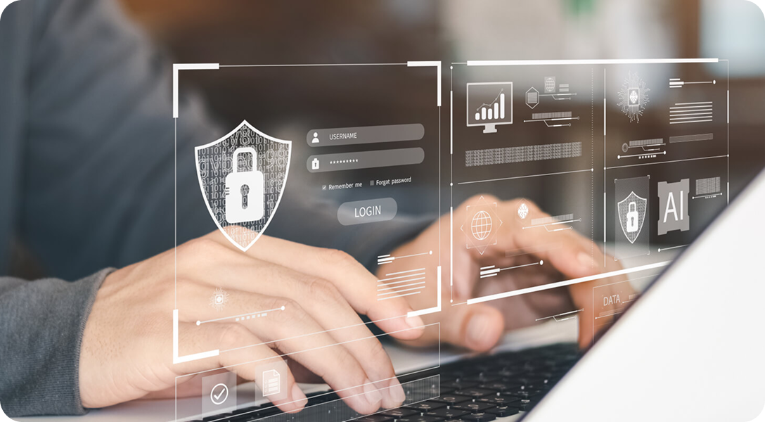 Hands typing on a laptop with transparent cybersecurity interface icons and a lock symbol.