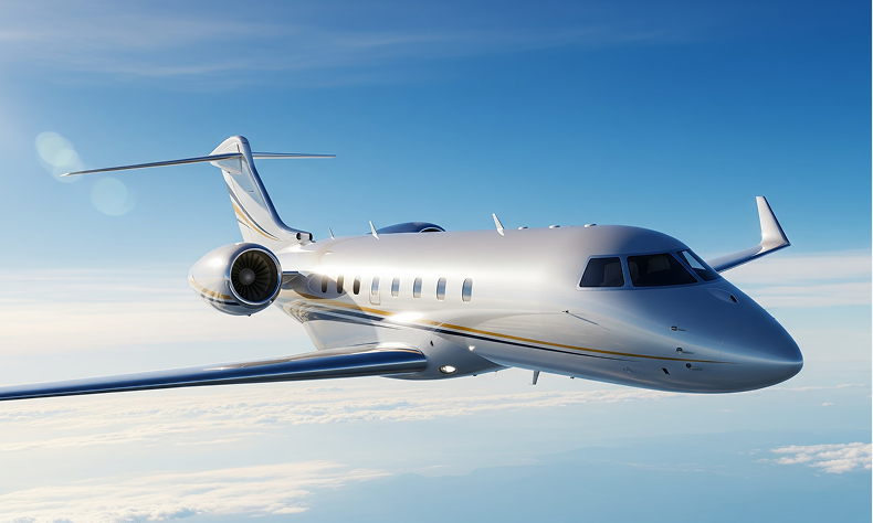 White private jet flying above clouds in a clear blue sky