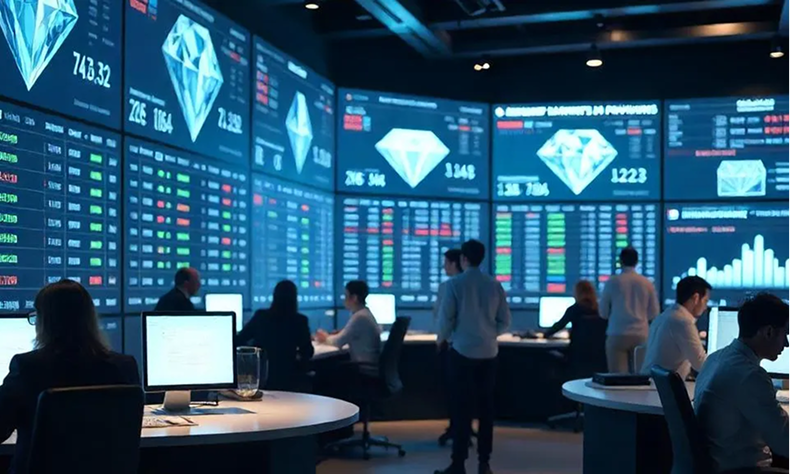 People analyzing large trading screens in a modern stock market control room with blue-lit displays.