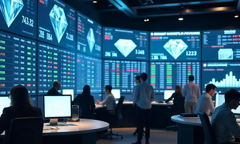 People monitoring stock market data on large digital screens in a modern trading room