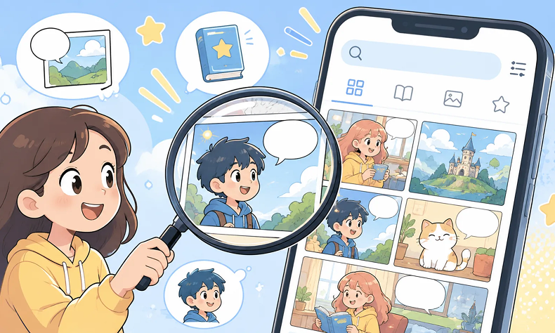 Child using a magnifying glass to inspect cartoon photos on a smartphone screen, with search icons around it