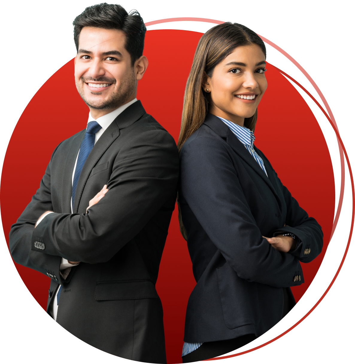 Two business professionals in dark suits standing back-to-back, smiling against a red circular background.