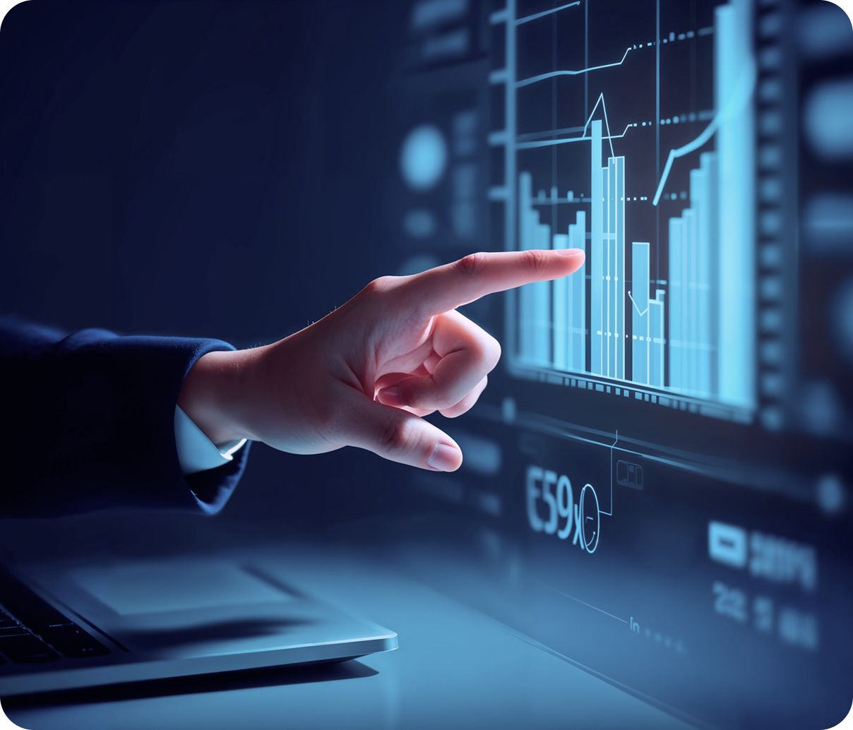 Hand pointing at glowing financial charts on a blue digital screen