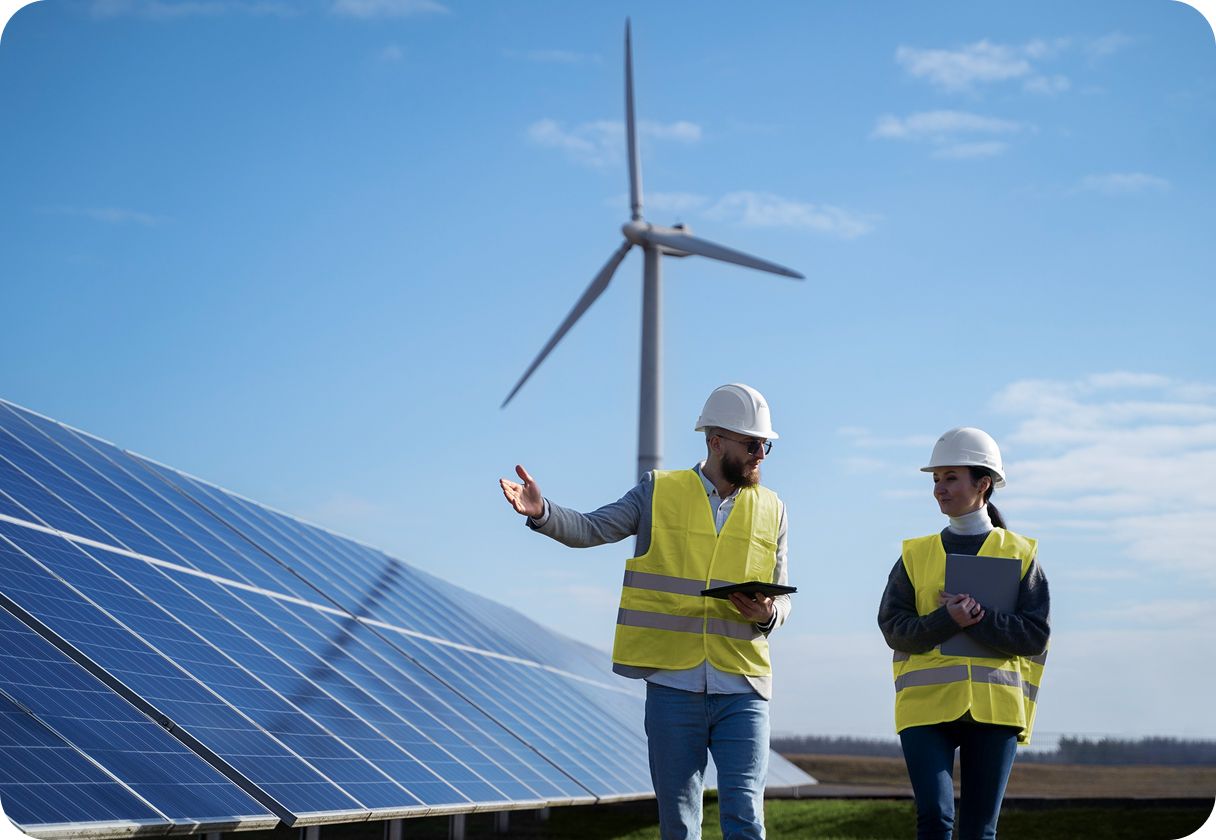 Two workers in hard hats beside solar panels, with a wind turbine under a blue sky.