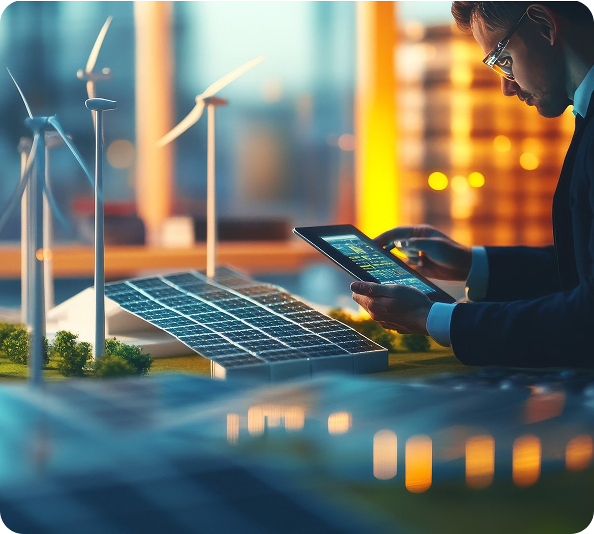 Engineer reviewing solar panel model on a tablet in a modern lab with turbine models and warm lights