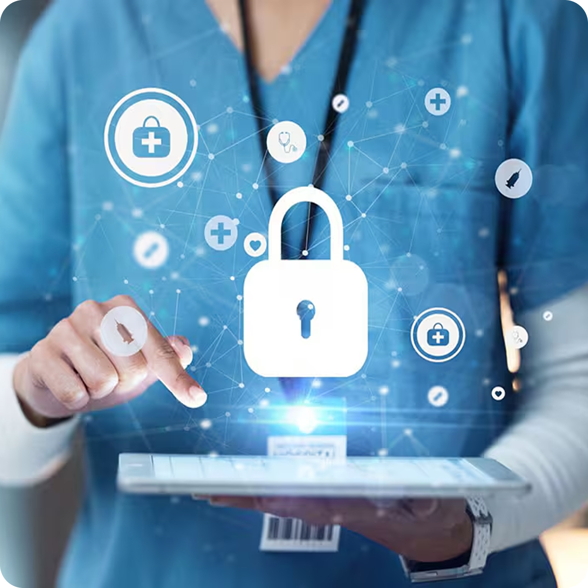 Healthcare worker using a tablet with digital security lock and medical icons