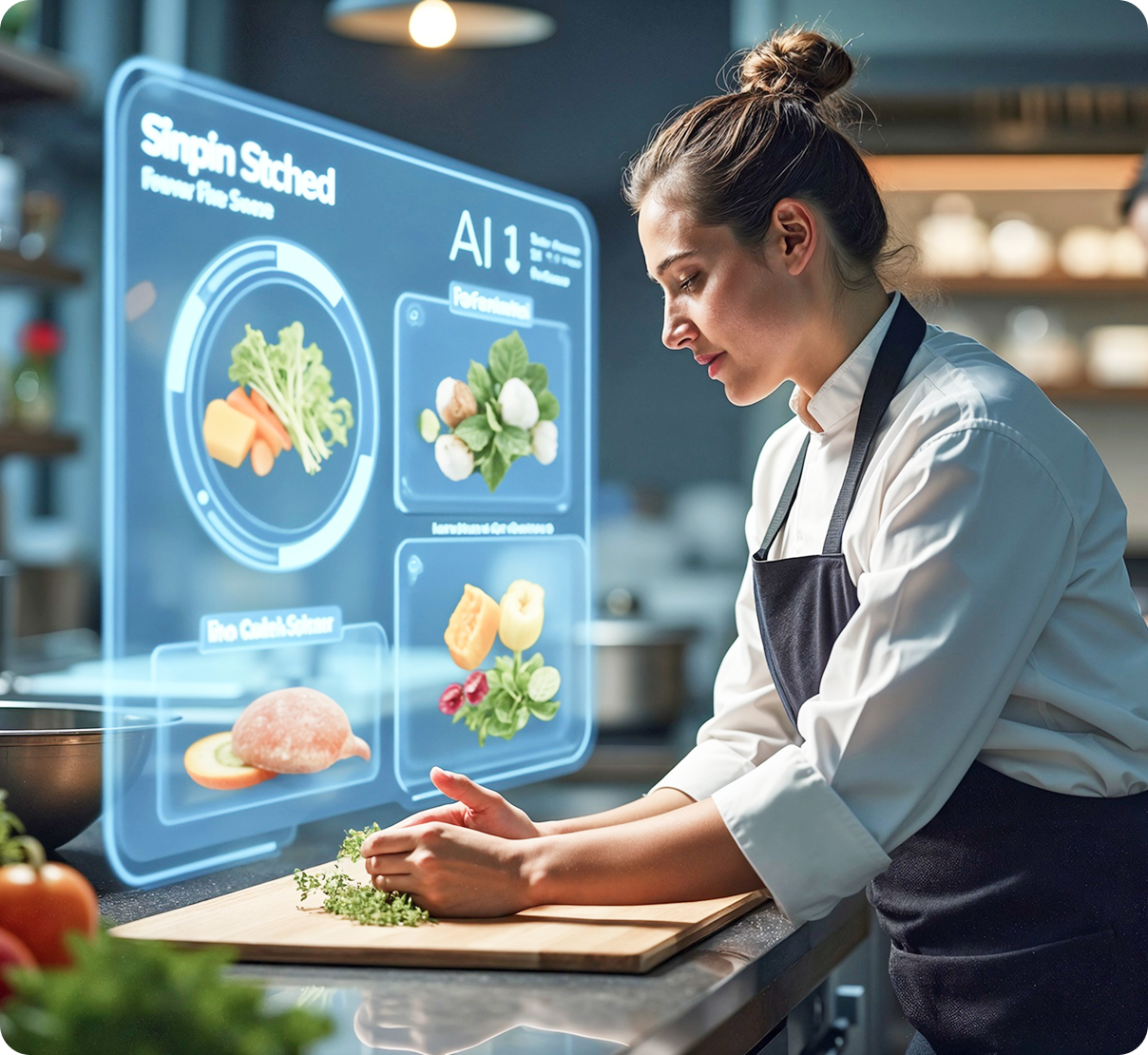 Chef using a futuristic holographic recipe screen while preparing vegetables in a modern kitchen