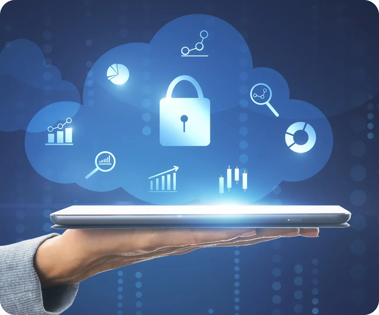 Tablet held in a hand with glowing cloud security icons and a central lock icon