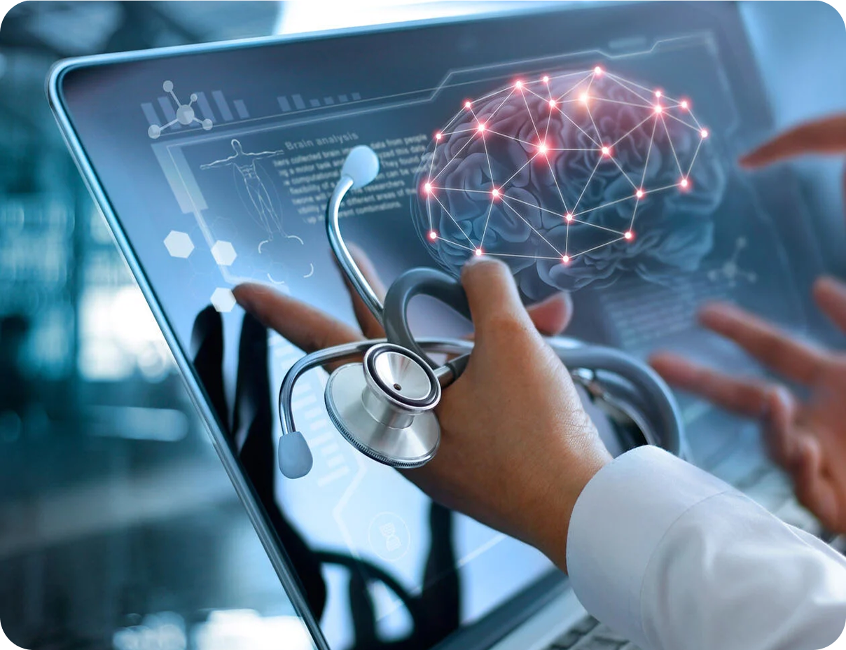 Doctor holding a stethoscope in front of a digital brain scan on a monitor