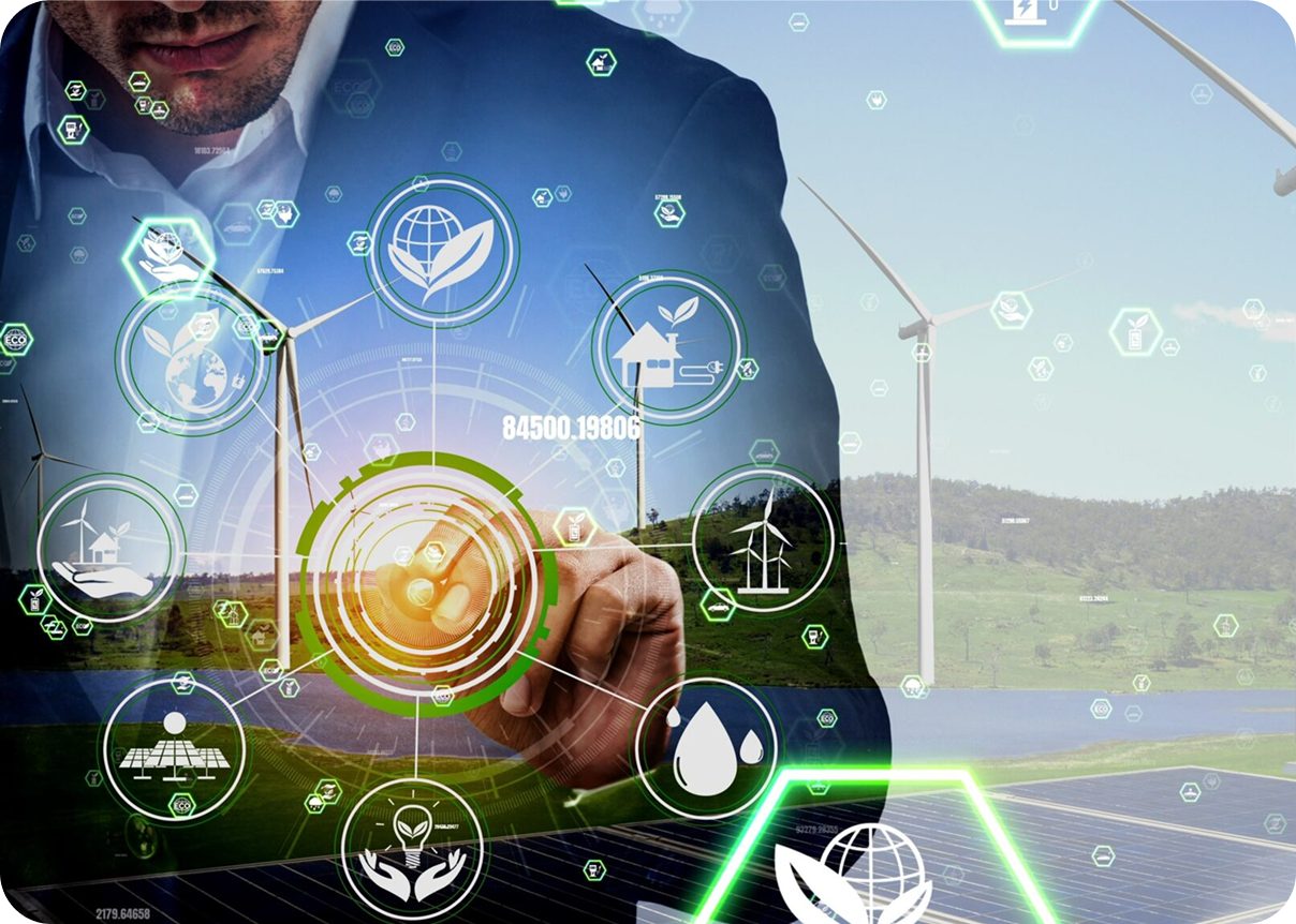 Businessman touching glowing smart farm icons in a sunny field