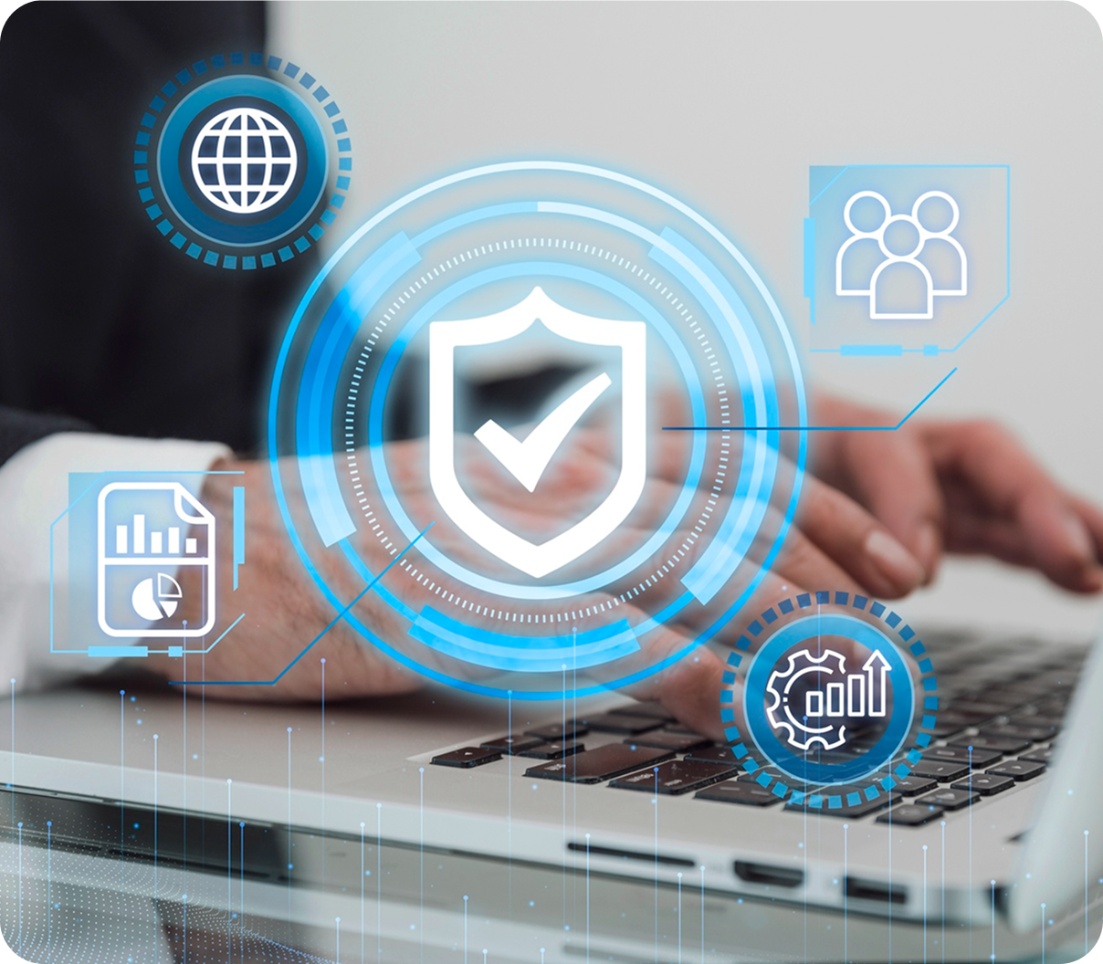 Hands typing on laptop with glowing cybersecurity shield and network icons overlayed