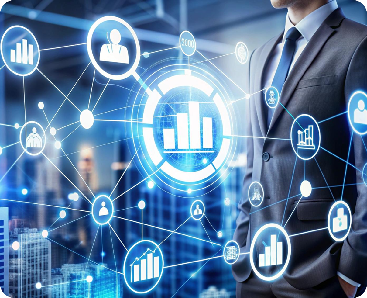 Businessman in a suit beside glowing network icons and analytics charts on a blue digital background
