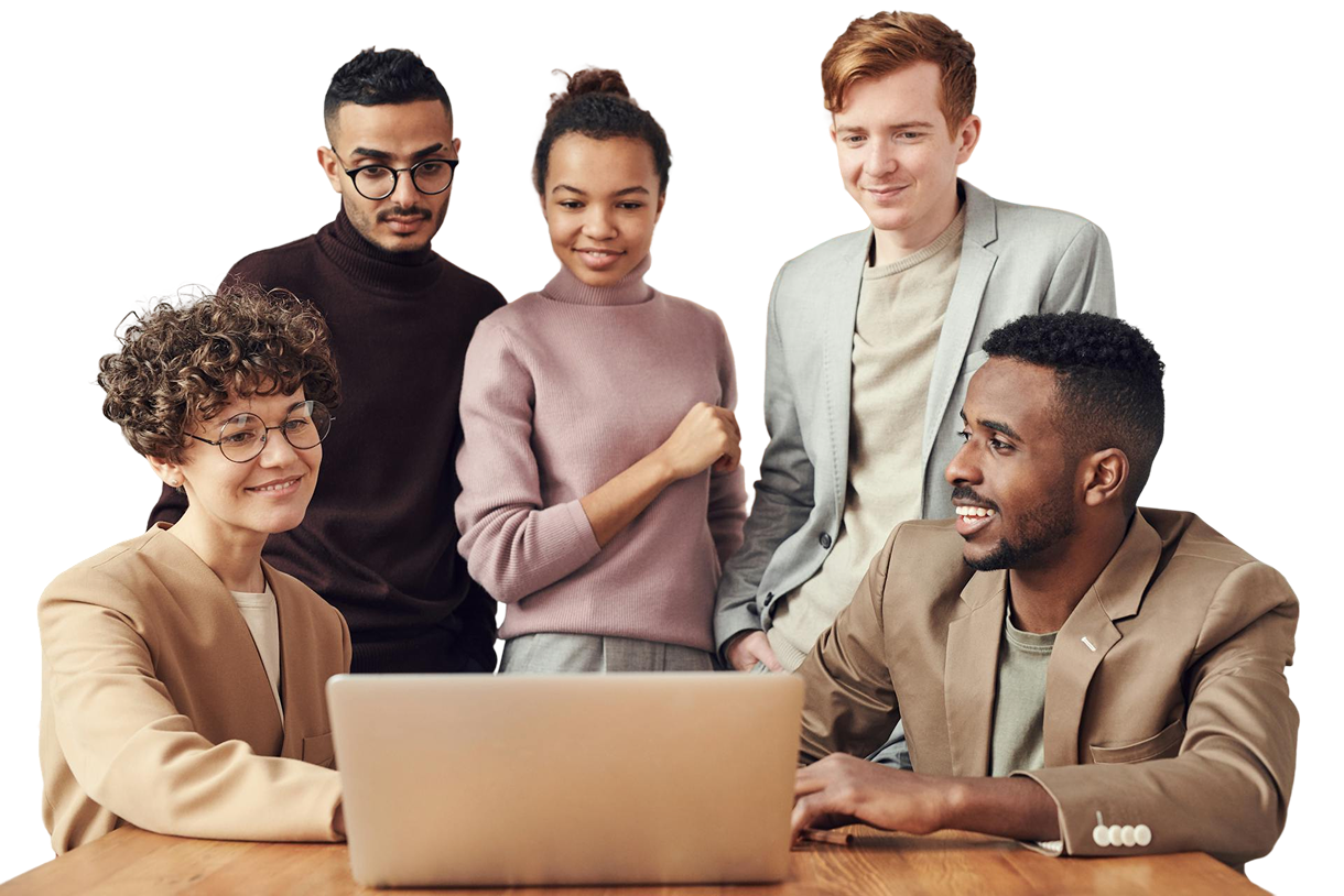 Five people gathered around a laptop, smiling and collaborating in a bright office setting