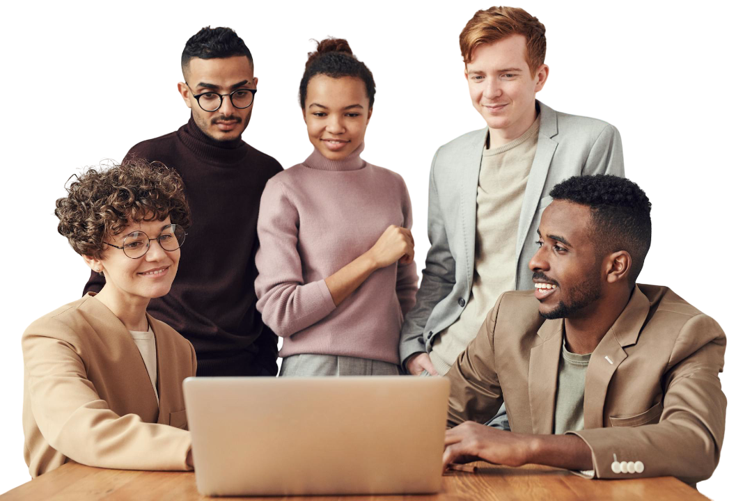 Five coworkers gathered around a laptop, smiling and collaborating in a bright office.