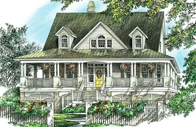 Illustration of a white two-story house with a wraparound porch, a green roof, and a yellow door.