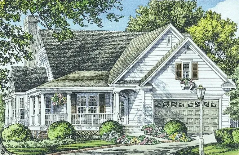 Watercolor rendering of a white house with a front porch, garage, and a lamppost, surrounded by greenery.