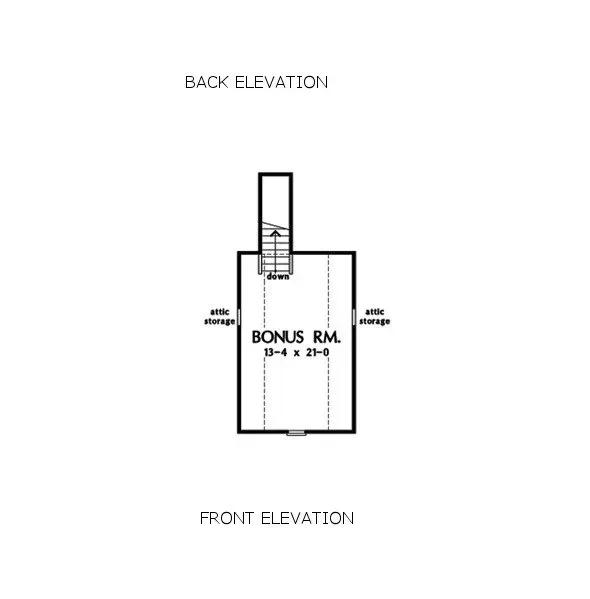 Back elevation floor plan with a bonus room and attic storage.