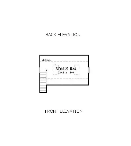 Back and front elevation of a bonus room with dimensions, stairs and skylights.