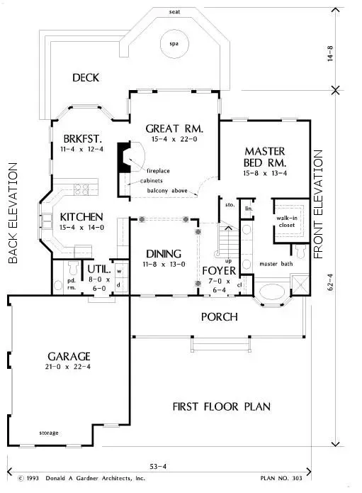Floor plan of a house with a garage, deck, kitchen, dining, great room, and bedrooms labeled.