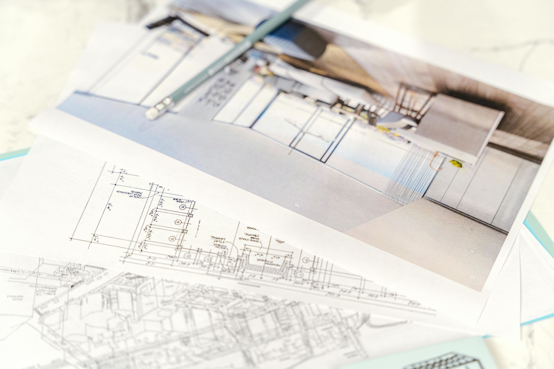 Architectural blueprints and design sketches spread across a desk