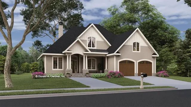 Two-story beige house with a black roof and brown garage doors, set in a green yard with trees.
