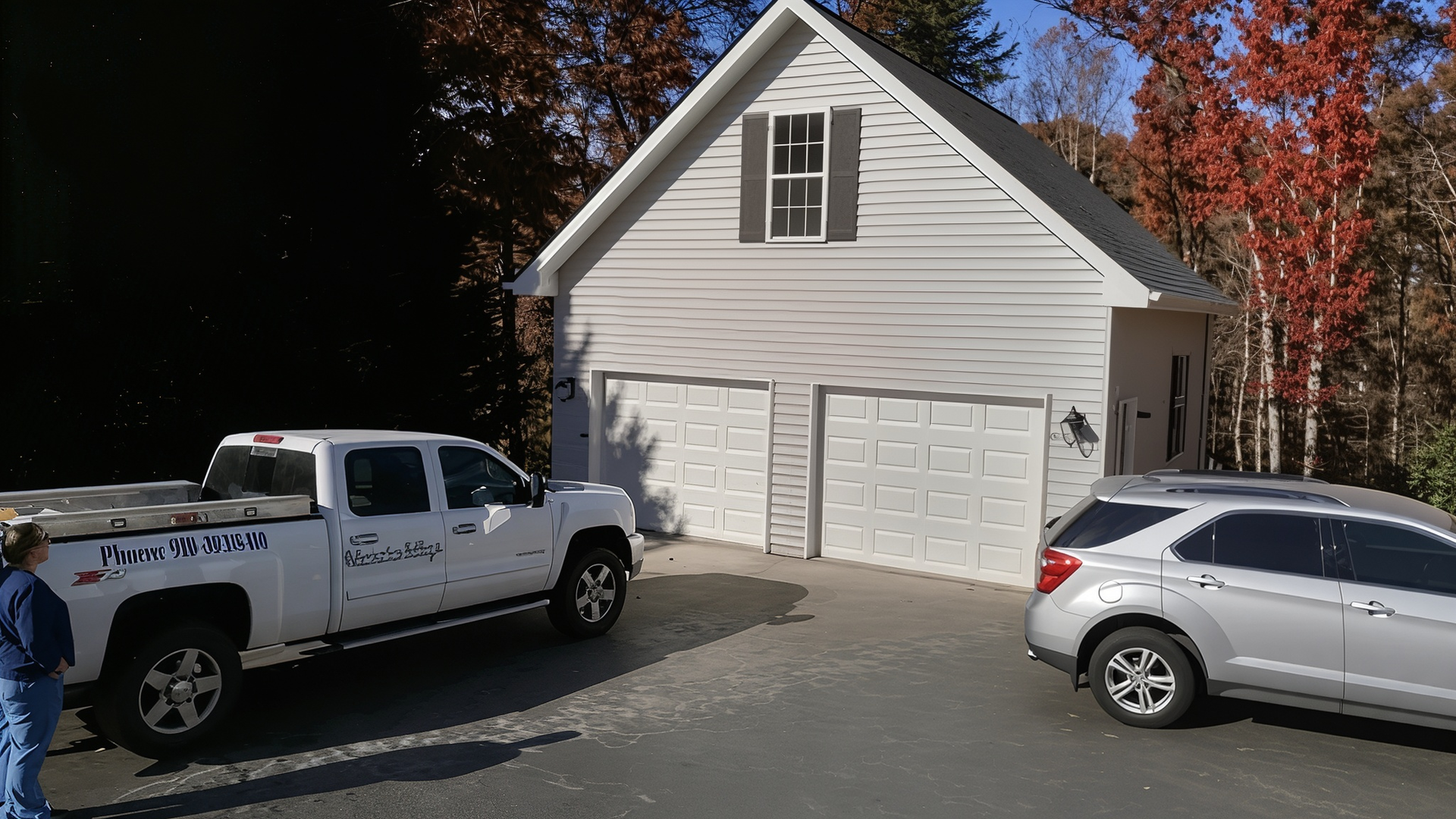 White house with two garage doors, a white pickup truck, and a silver SUV parked in the driveway.