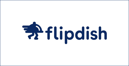 The flipdish logo is blue and white on a white background.