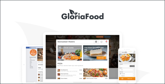 A laptop , tablet , phone and a website called gloriafood.