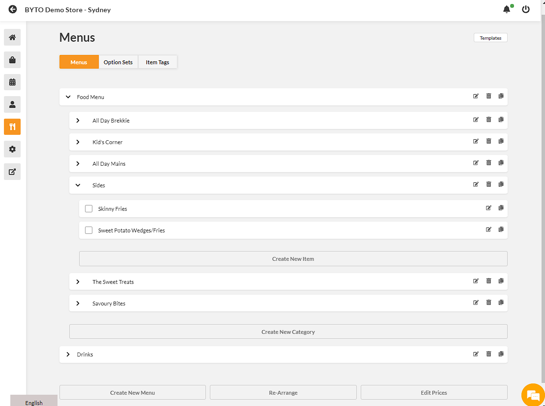 BYTO Menu mangement screen