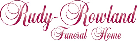 Rudy-Rowland Funeral Home logo in pink cursive script on a white background