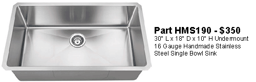 Stainless steel single bowl sink with drain, side-mount design, shown with product label.