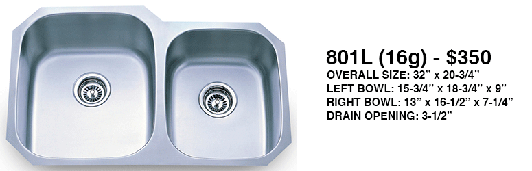 Double stainless steel kitchen sink with dimensions and price label.