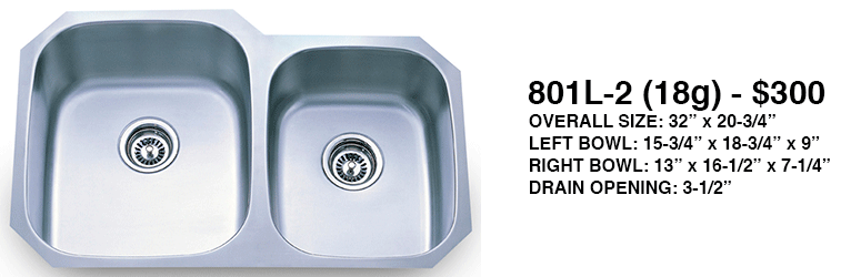 Stainless steel double-bowl kitchen sink with rounded rectangular basins and dimensions labeled on the right
