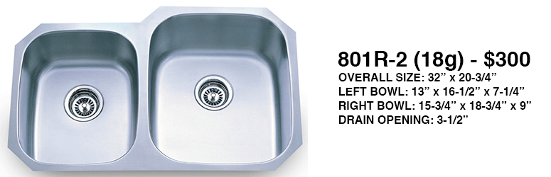 Stainless steel double-bowl kitchen sink with label and dimensions