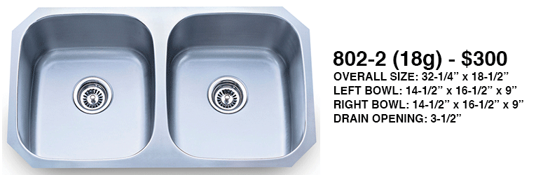 Stainless steel double-bowl sink with dimensions and model text on the right